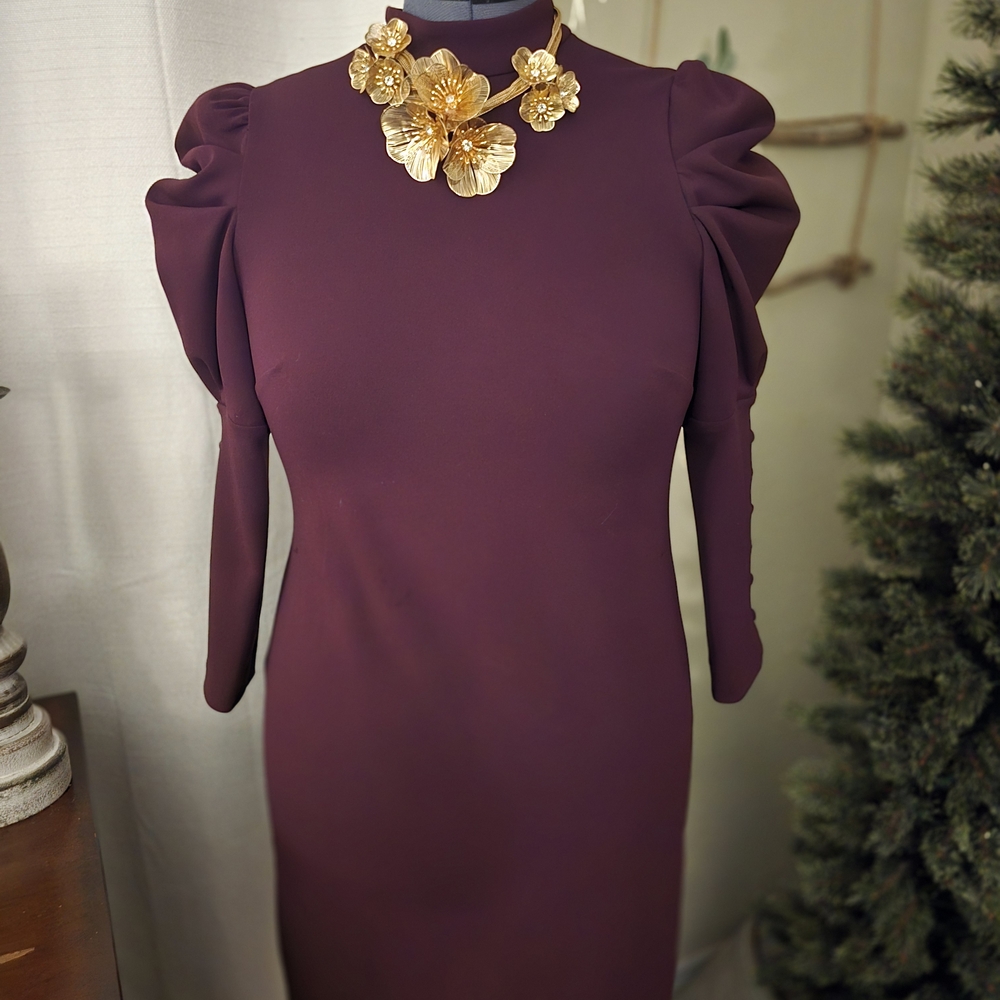 Elegant Plum Dress with Pretty Sleeve Detail. Styled Necklace Can Be Inclued!